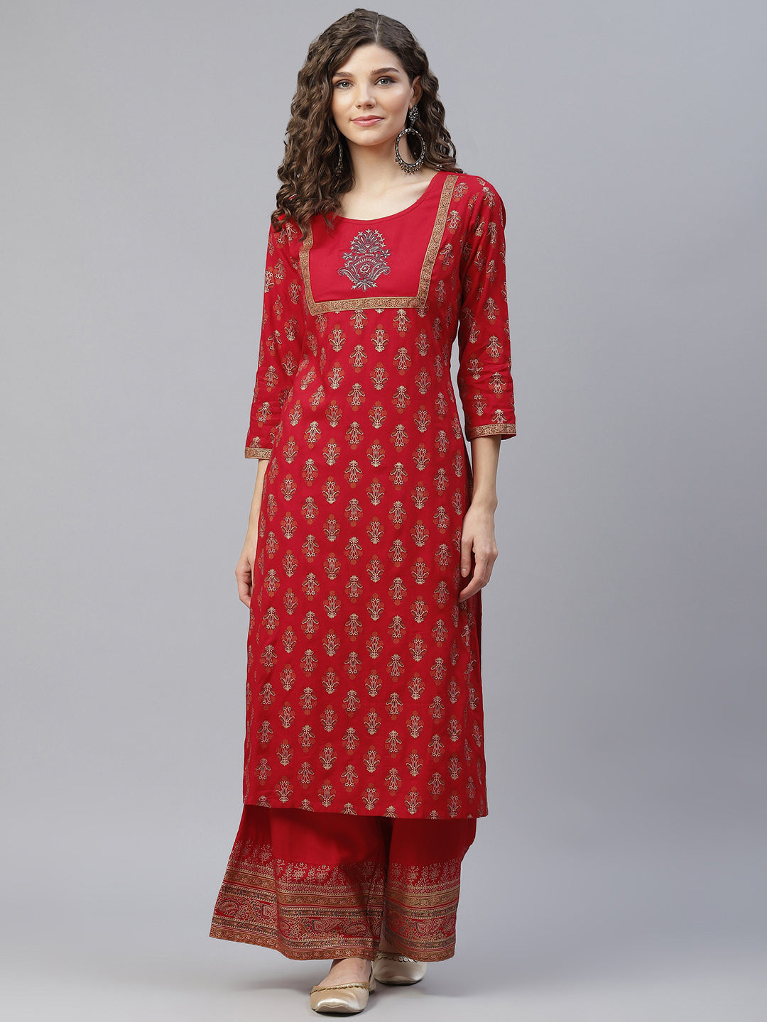 Red Gold Print Kurta With Palazzo