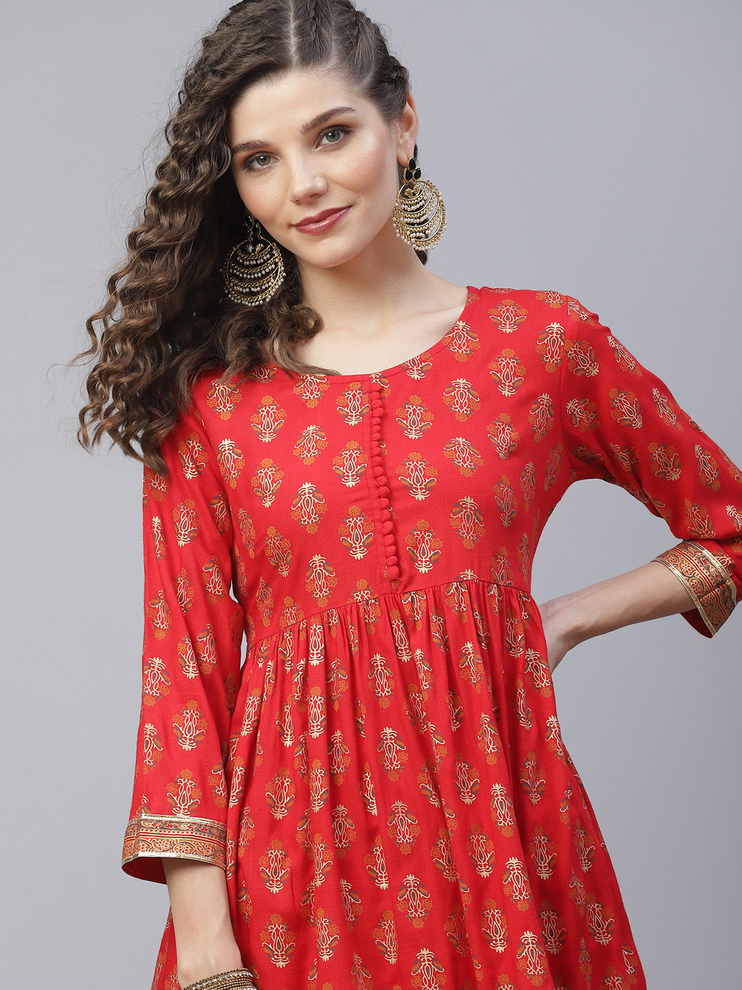 Red Gold Printed Gathered Kurta With Sharara