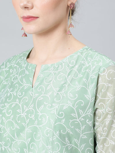 Pastel Green Block Print A-Line Kurta With Palazzo