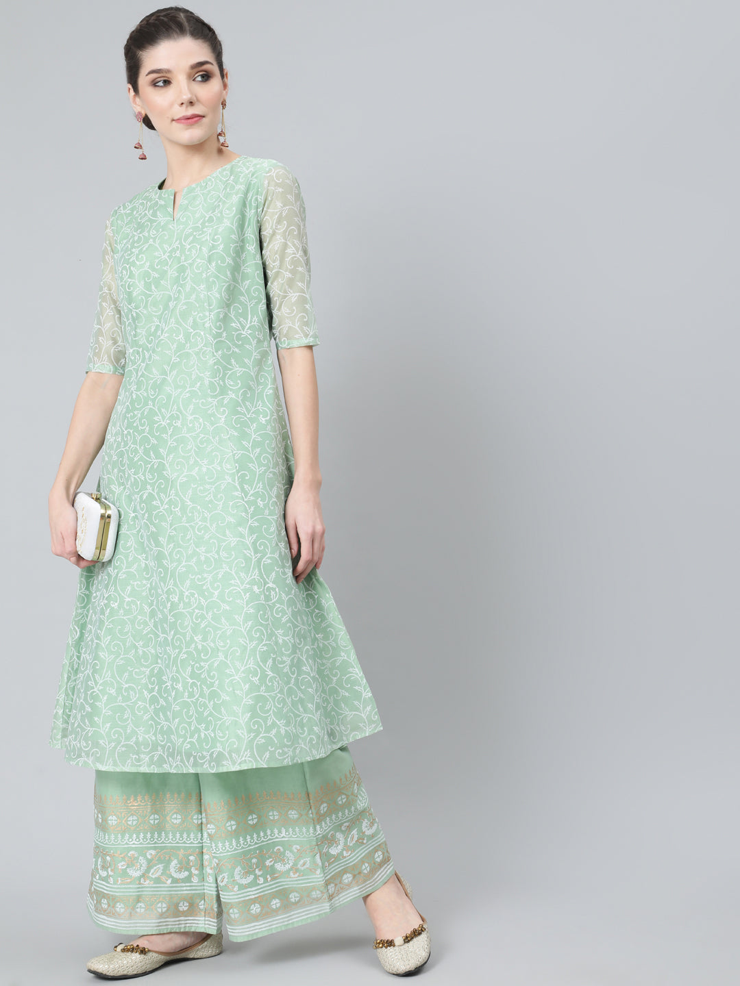 Pastel Green Block Print A-Line Kurta With Palazzo