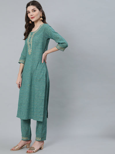 Pastel Blue Striped Embroidered Kurta With Pant