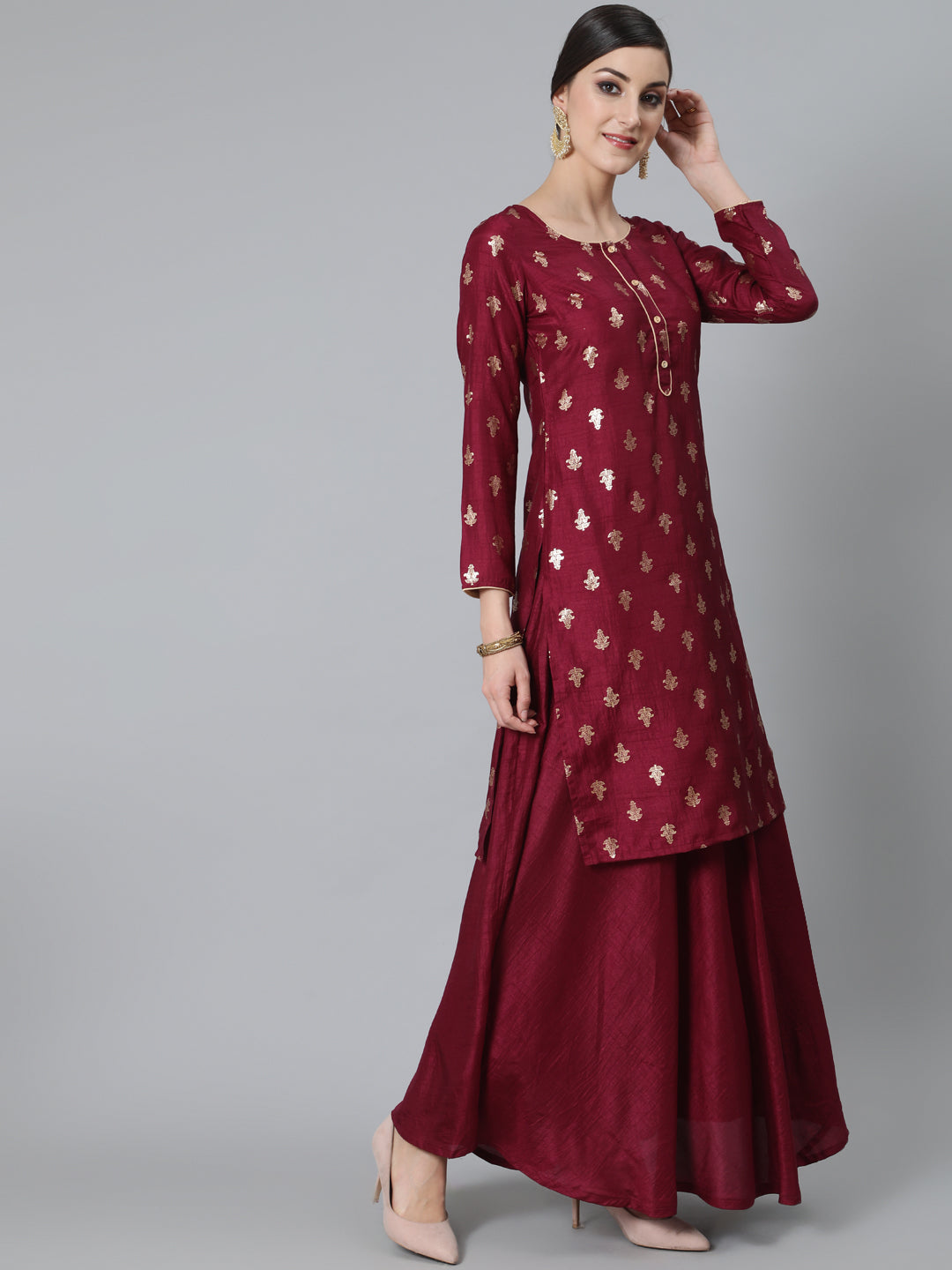 Burgundy Foil Print Kurta With Skirt