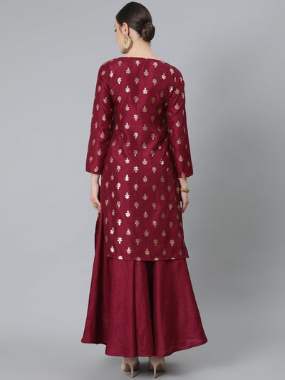 Burgundy Foil Print Kurta With Skirt