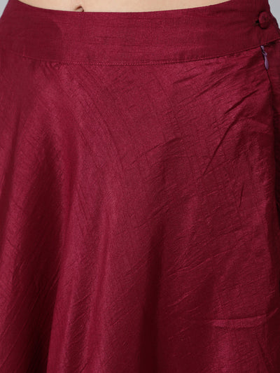 Burgundy Foil Print Kurta With Skirt