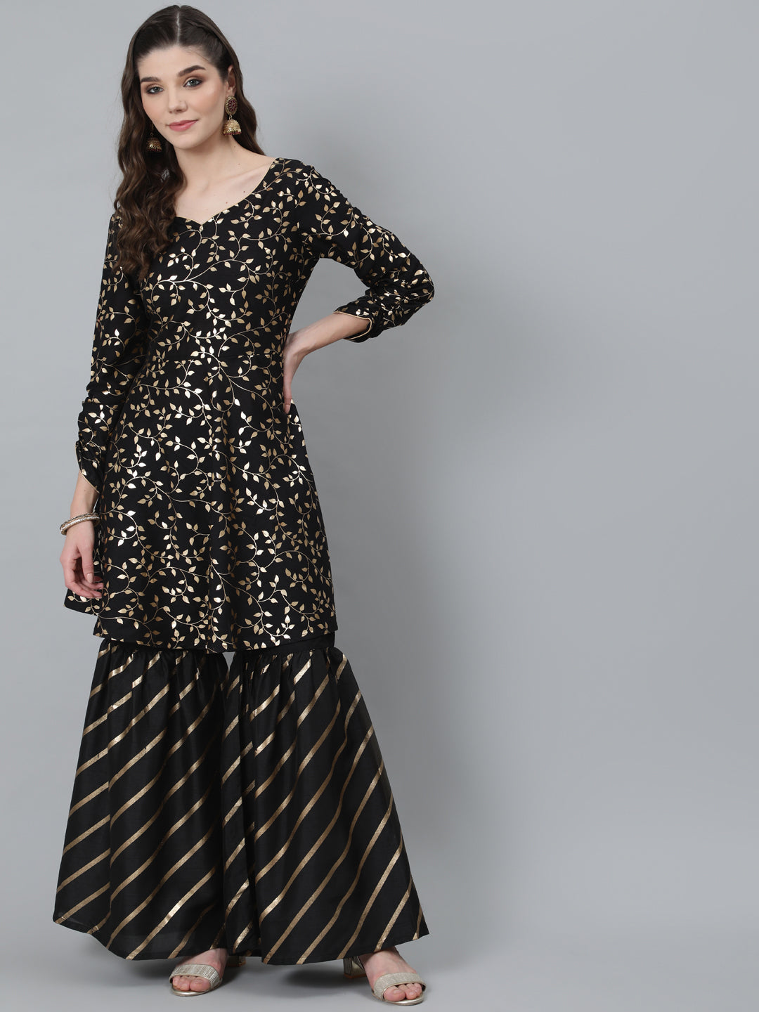 Black Foil Print A-Line Kurta With Sharara