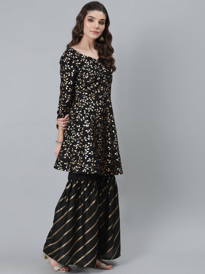 Black Foil Print A-Line Kurta With Sharara