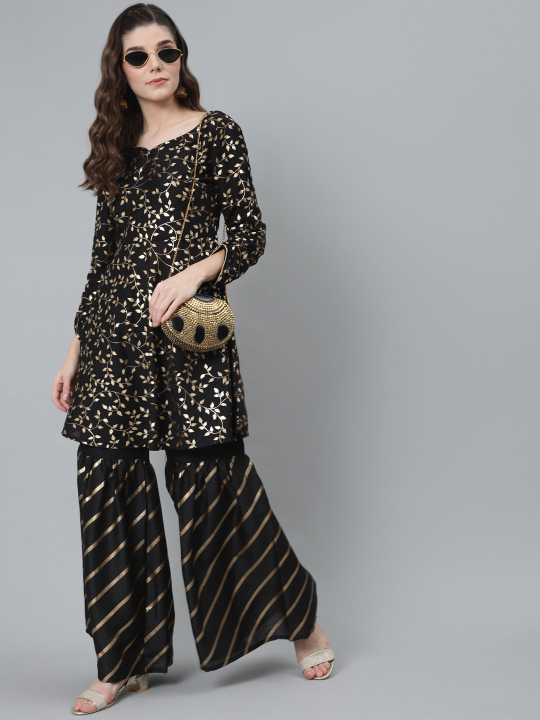 Black Foil Print A-Line Kurta With Sharara