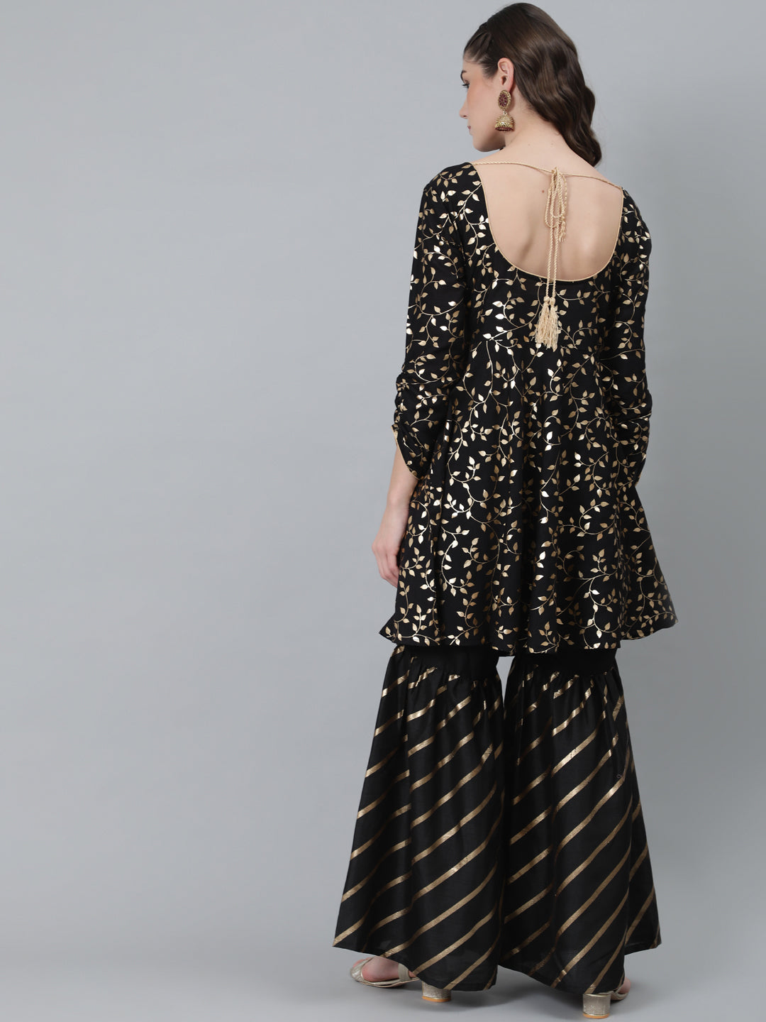 Black Foil Print A-Line Kurta With Sharara