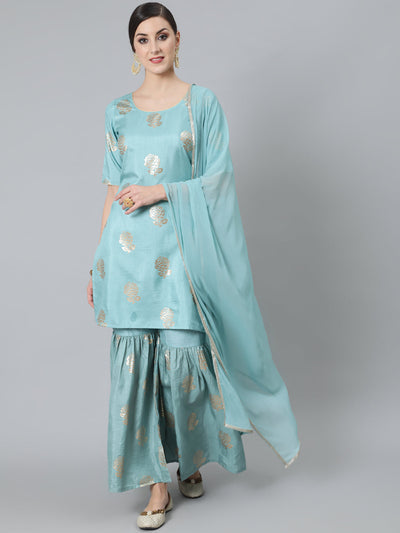 Peach Foil Print Kurta Sharara With Dupatta