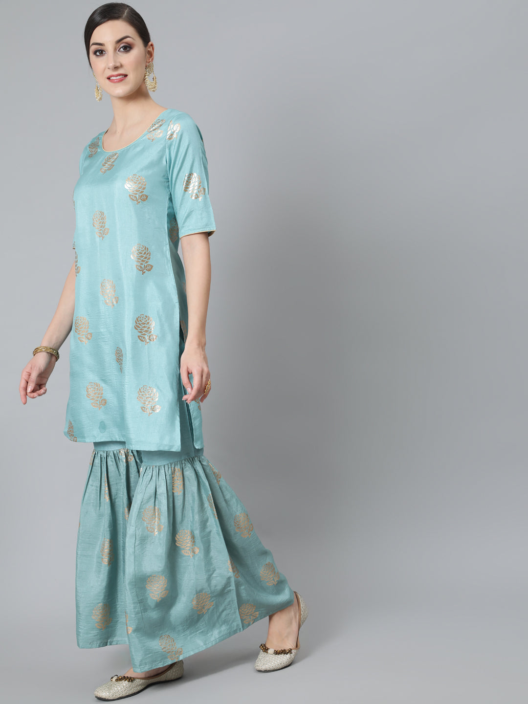 Peach Foil Print Kurta Sharara With Dupatta