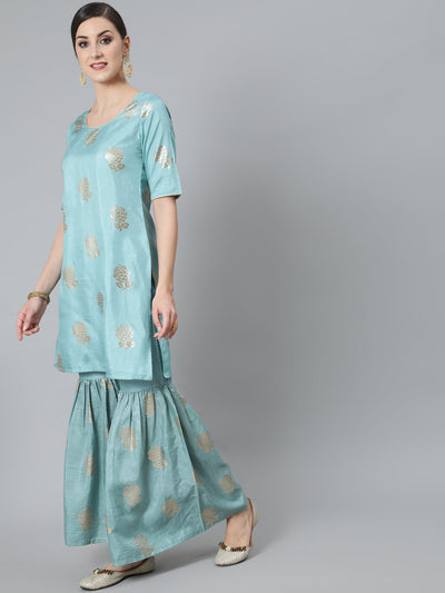 Peach Foil Print Kurta Sharara With Dupatta