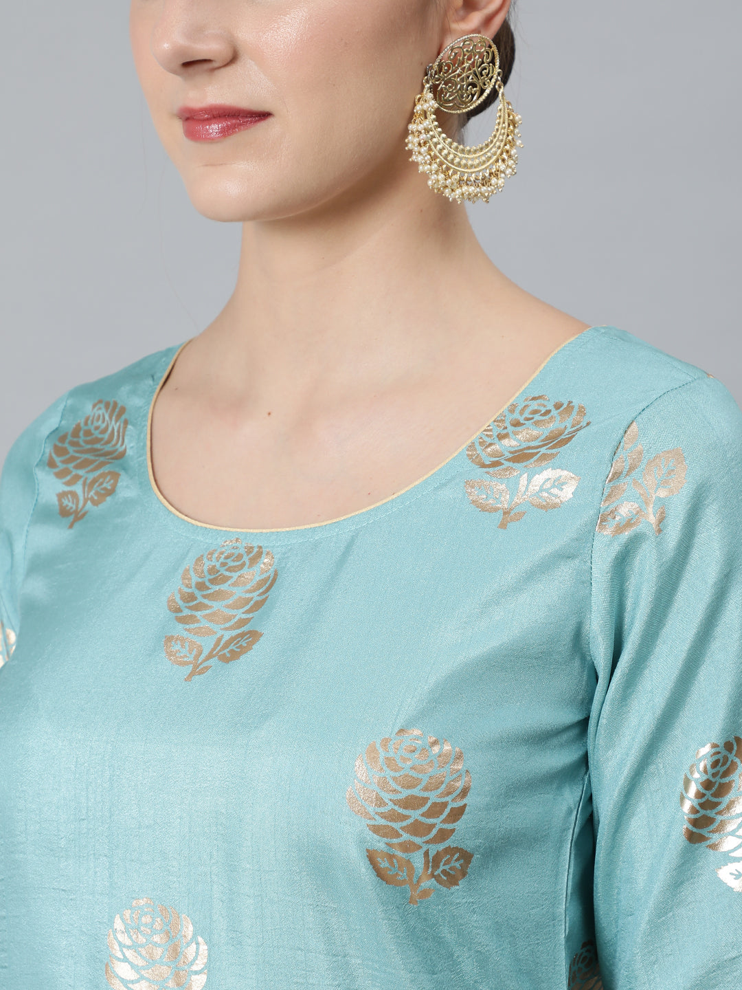 Peach Foil Print Kurta Sharara With Dupatta