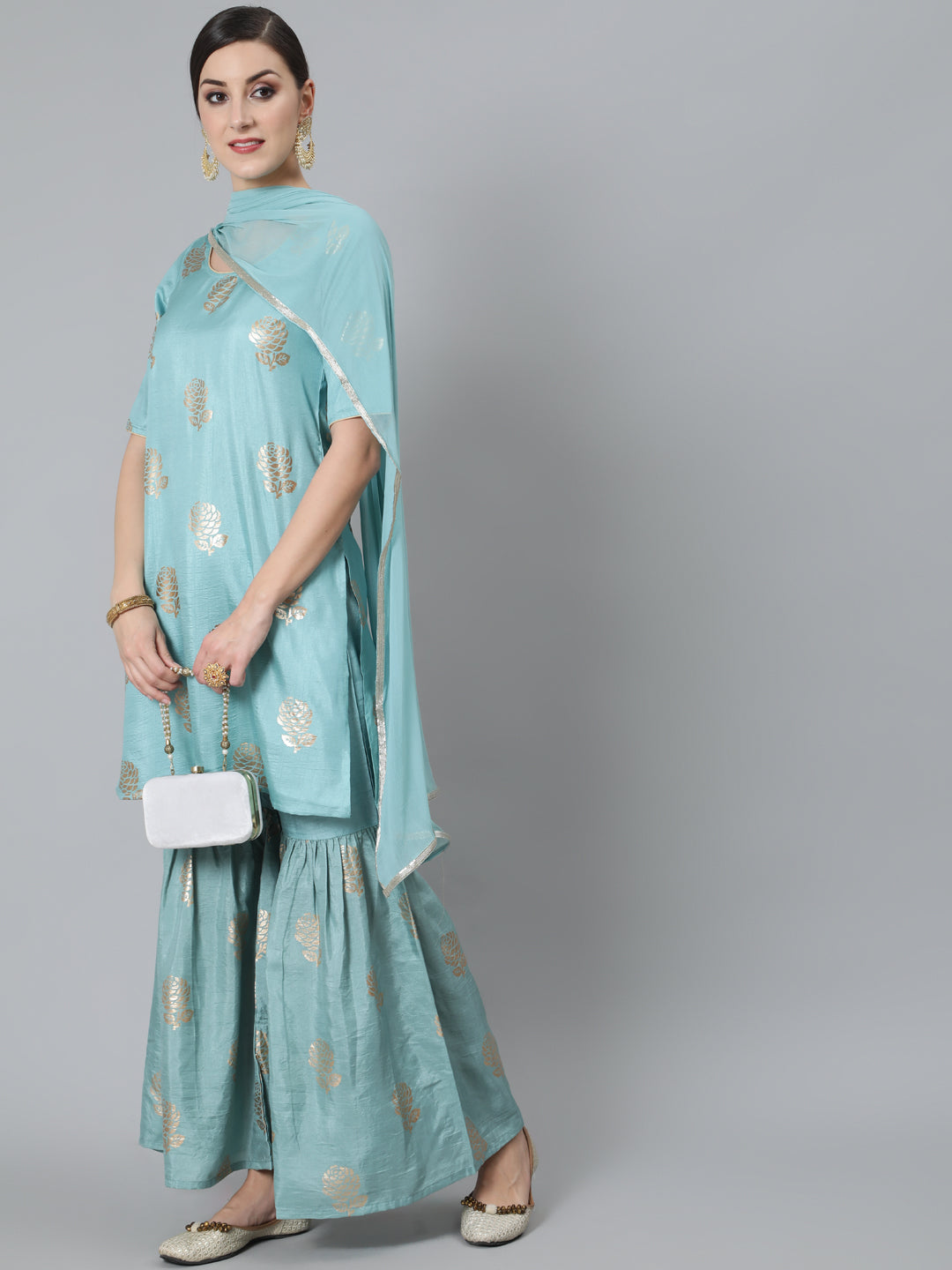 Peach Foil Print Kurta Sharara With Dupatta