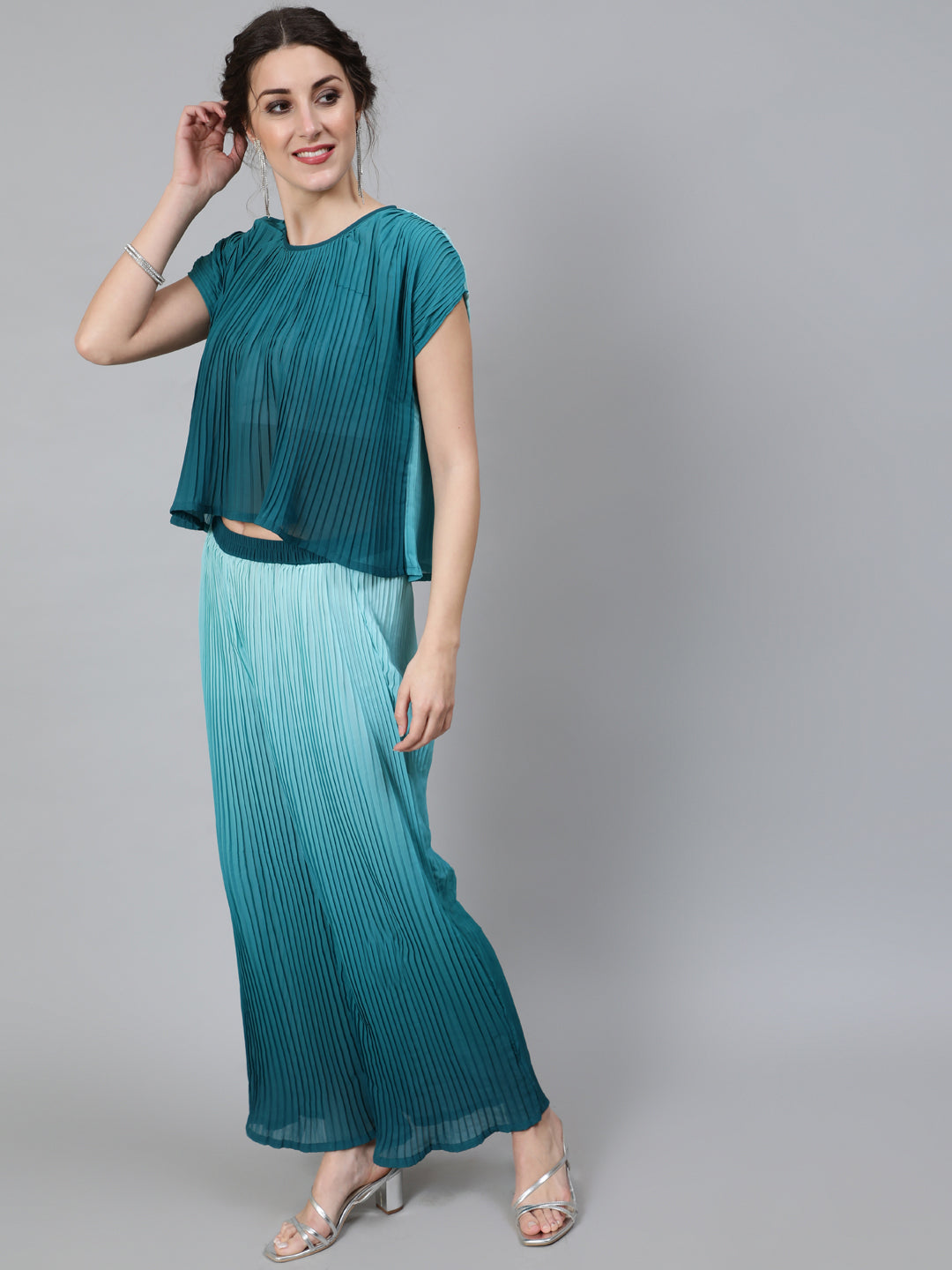 Green Pleated Top With Palazzo