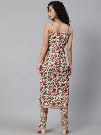 Cream Floral Print Kurta Pant With Feather Lace Details