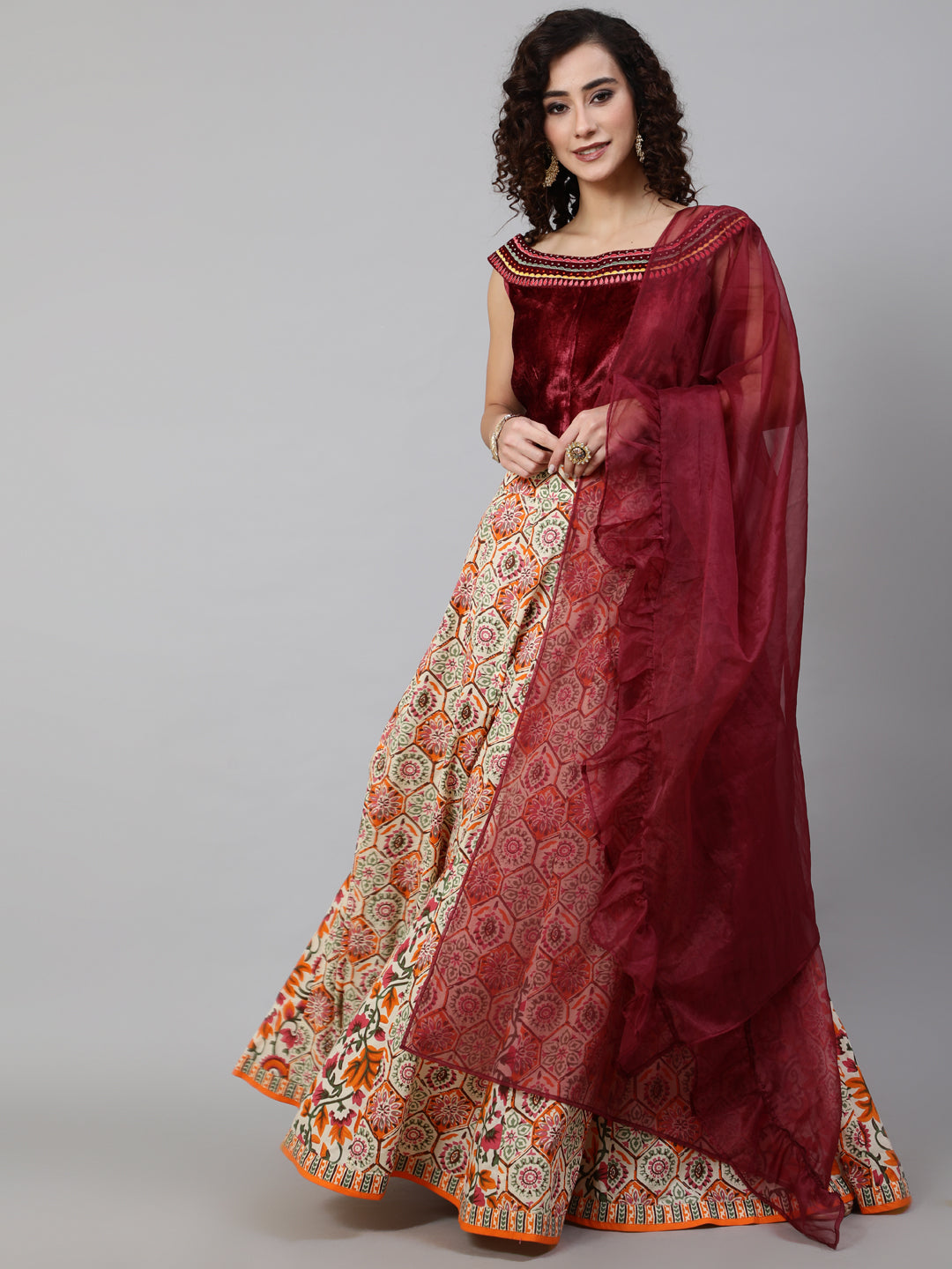 Maroon Floral Print Lehenga Choli With Dupatta