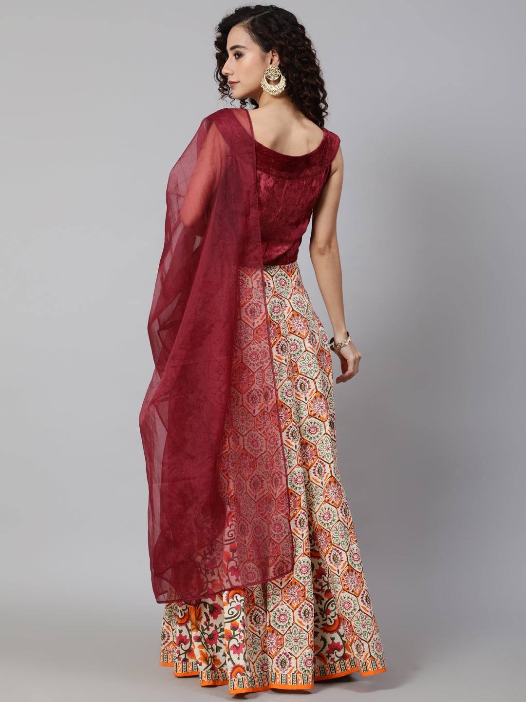 Maroon Floral Print Lehenga Choli With Dupatta