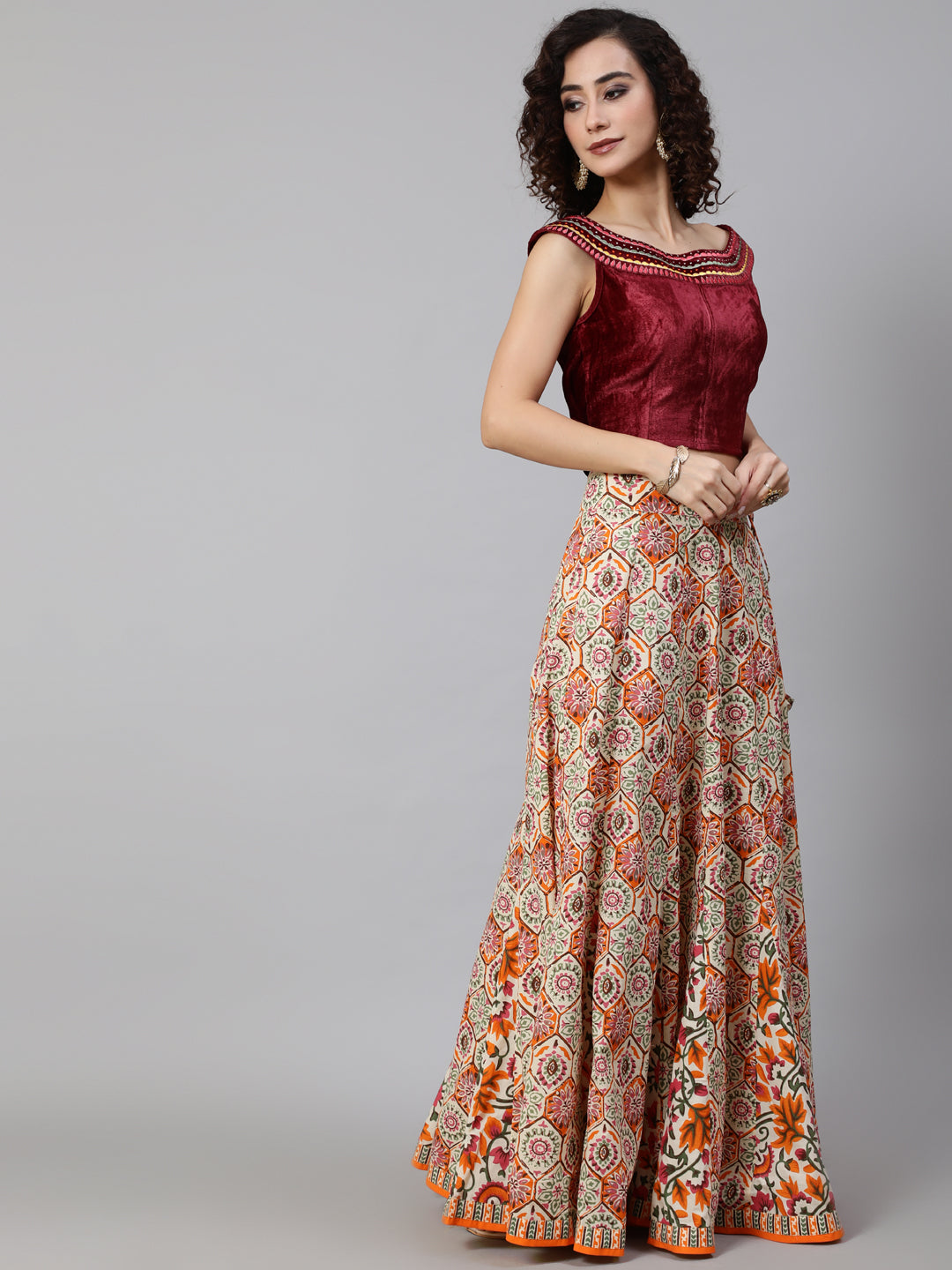 Maroon Floral Print Lehenga Choli With Dupatta