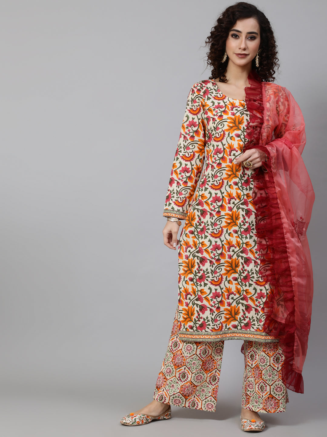 Multicolor Floral Print Kurta Palazzo With Dupatta