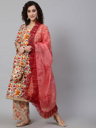 Multicolor Floral Print Kurta Palazzo With Dupatta