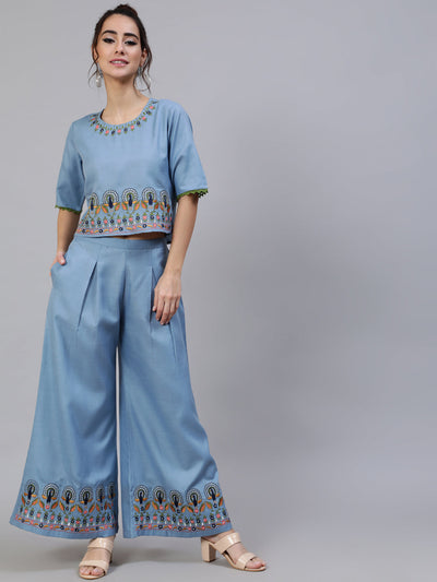Blue Embroidered Crop Top With Palazzo
