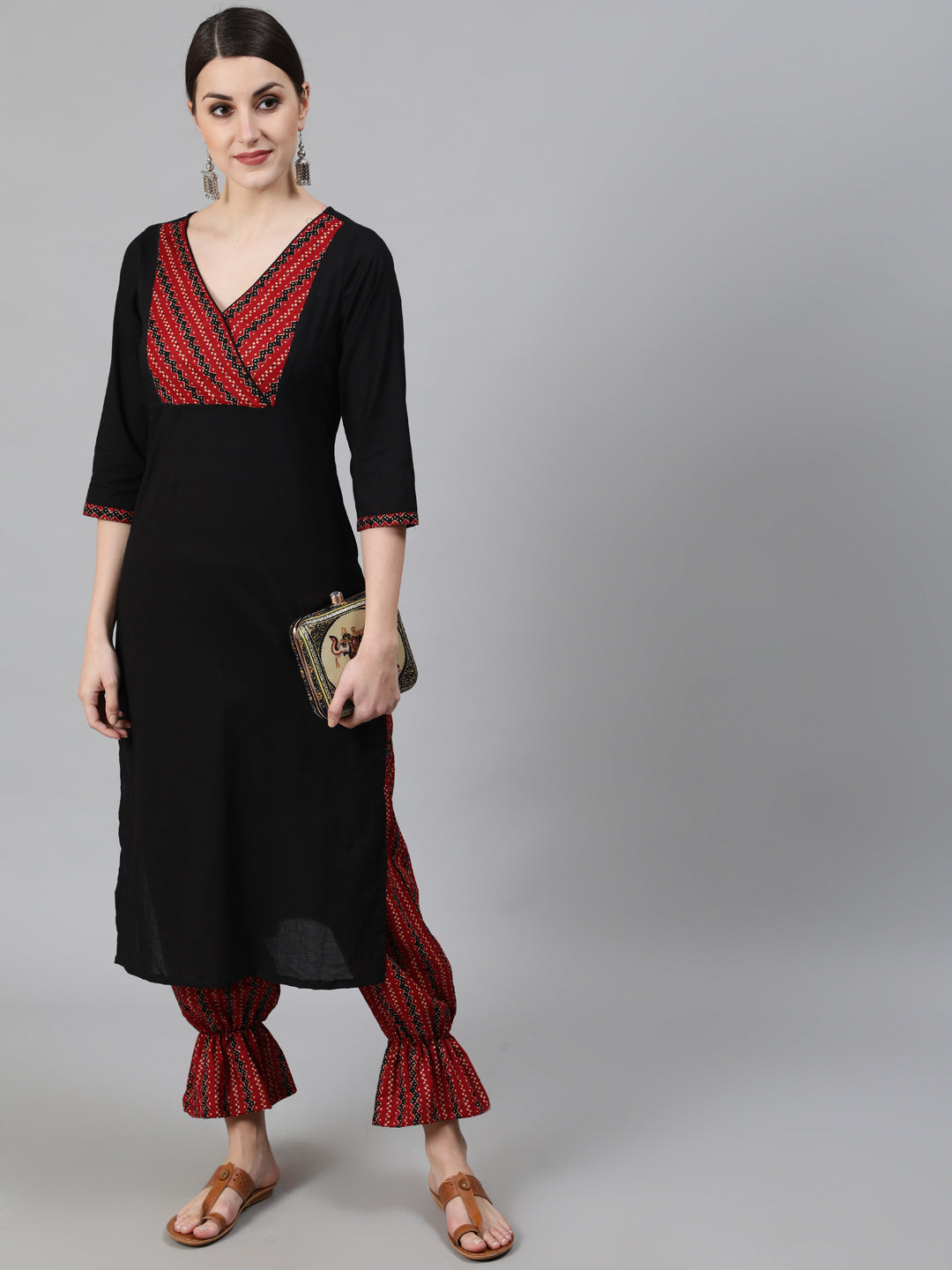 Black Chevron Print Kurta With Balloon Palazzo
