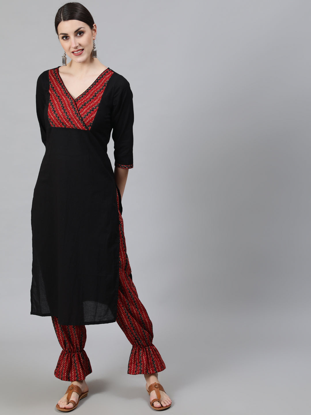 Black Chevron Print Kurta With Balloon Palazzo