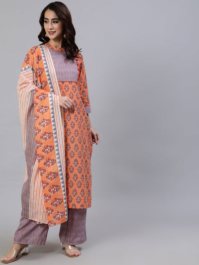 Orange Floral Print Kurta Palazzo With Dupatta