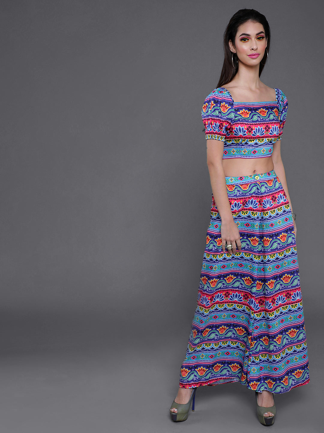 Blue Floral Print Crop Top With Flared Palazzo