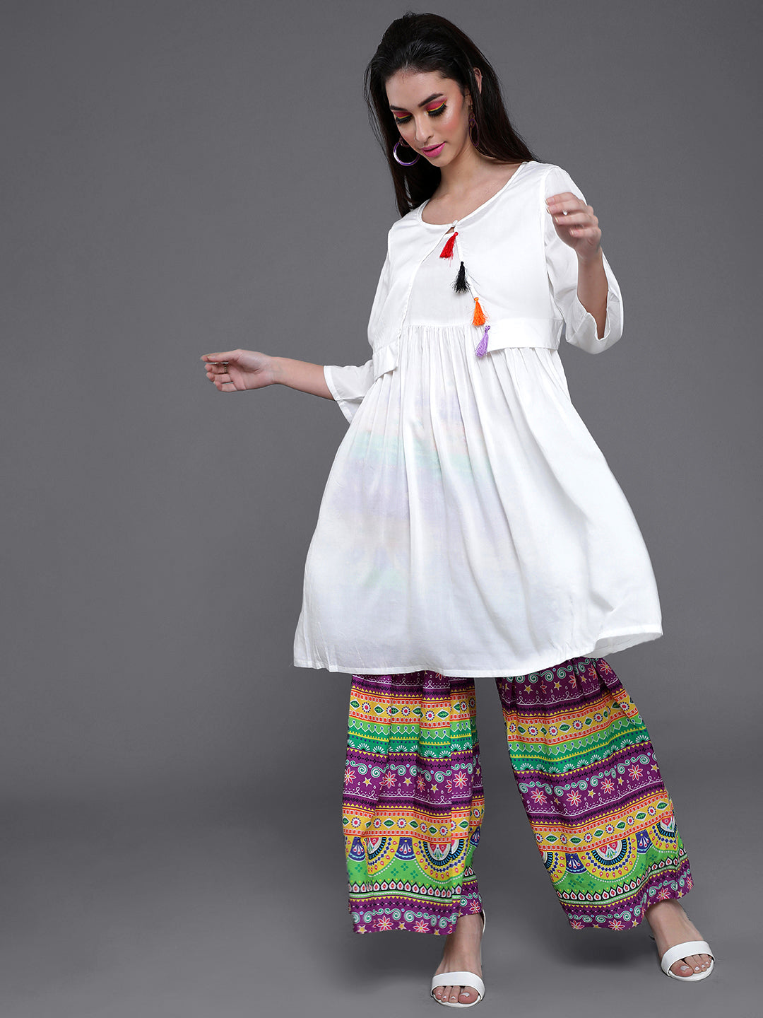 White Kurta With Printed Sharara