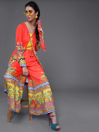 Orange & Yellow Abstrac Print Top Palazzo With Jacket