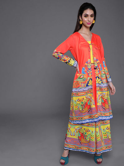 Orange & Yellow Abstrac Print Top Palazzo With Jacket