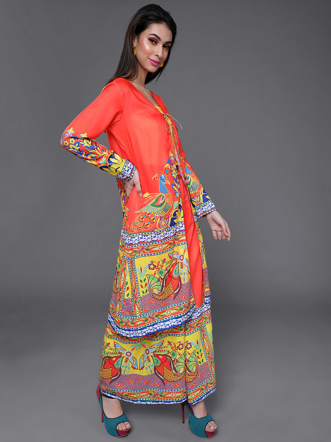 Orange & Yellow Abstrac Print Top Palazzo With Jacket