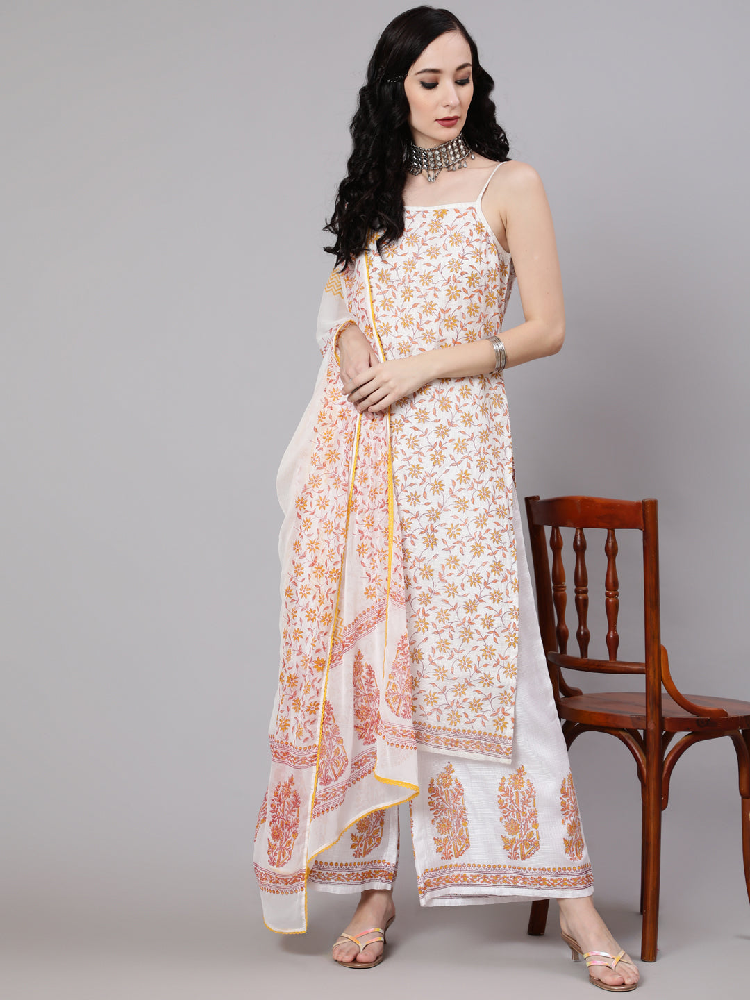 White Block Print Kurta Palazzo With Dupatta