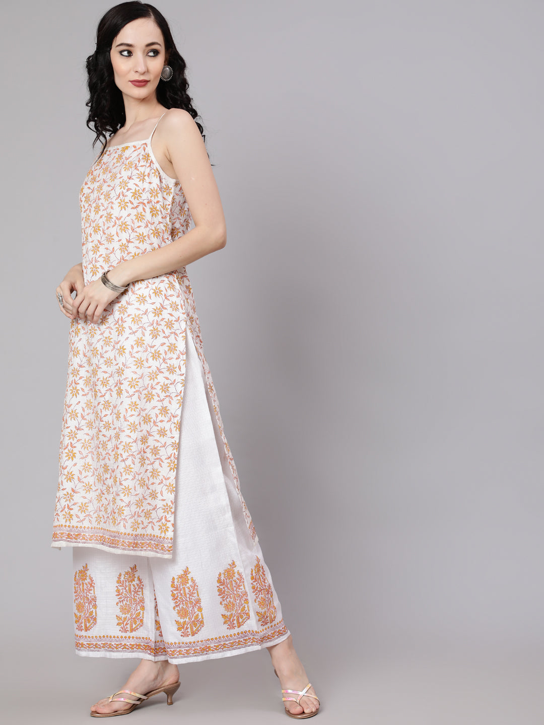 White Block Print Kurta Palazzo With Dupatta