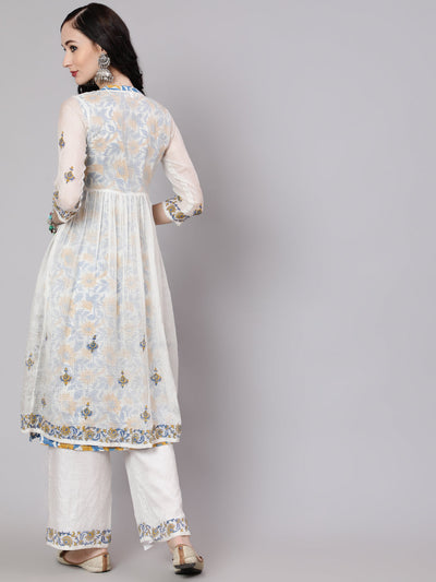 White Hand Block Print Layered Kurta With Palazzo