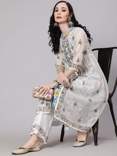 White Hand Block Print Layered Kurta With Palazzo