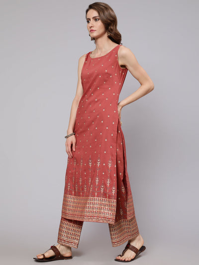 Rust Red Placement Print Kurta With Palazzo