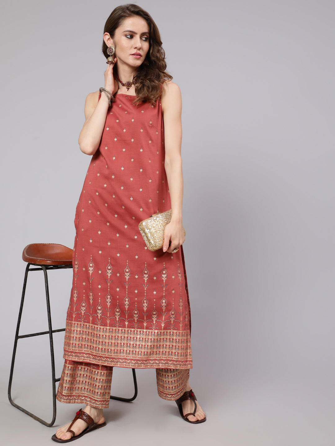 Rust Red Placement Print Kurta With Palazzo