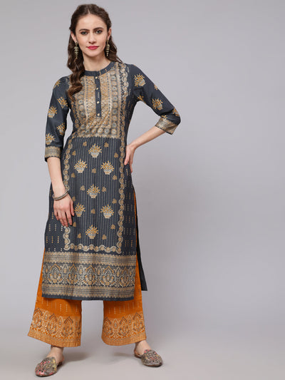 Grey & Mustard Placement Print Kurta With Palazzo