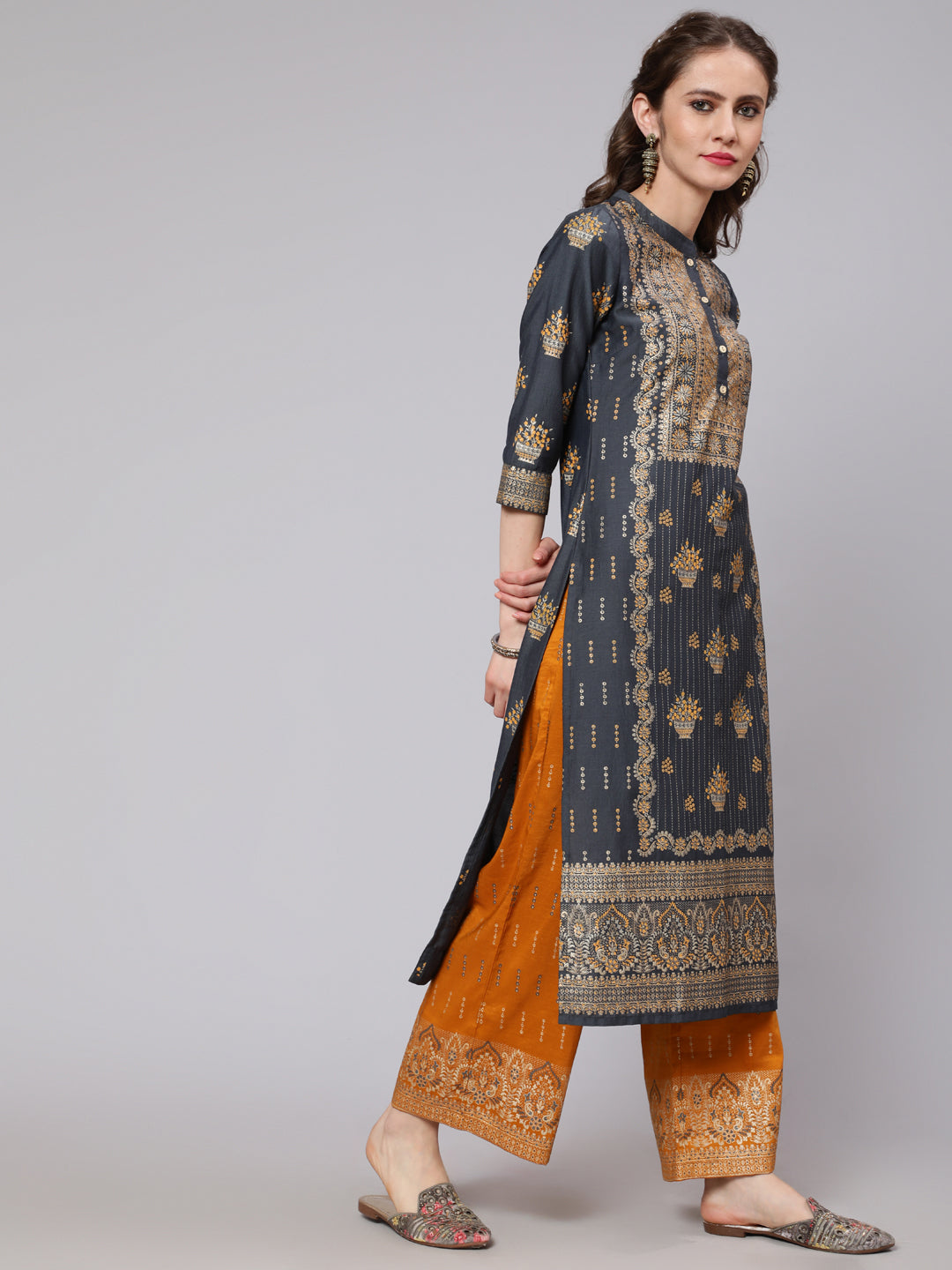 Grey & Mustard Placement Print Kurta With Palazzo