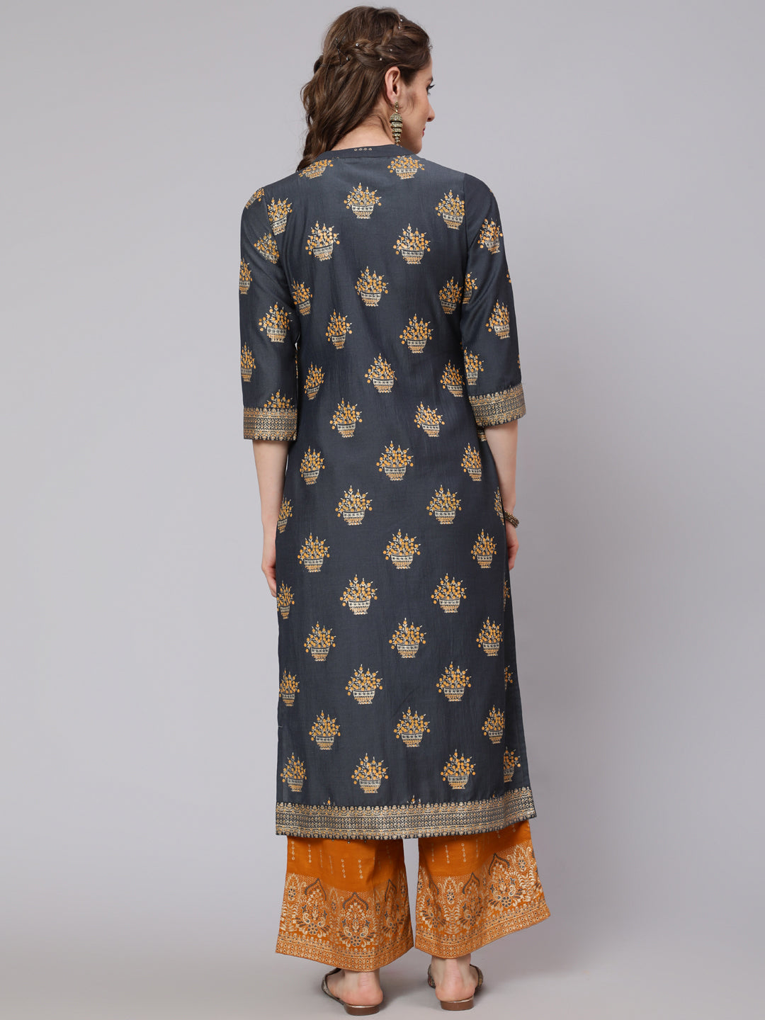 Grey & Mustard Placement Print Kurta With Palazzo