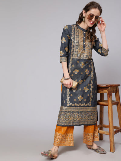 Grey & Mustard Placement Print Kurta With Palazzo