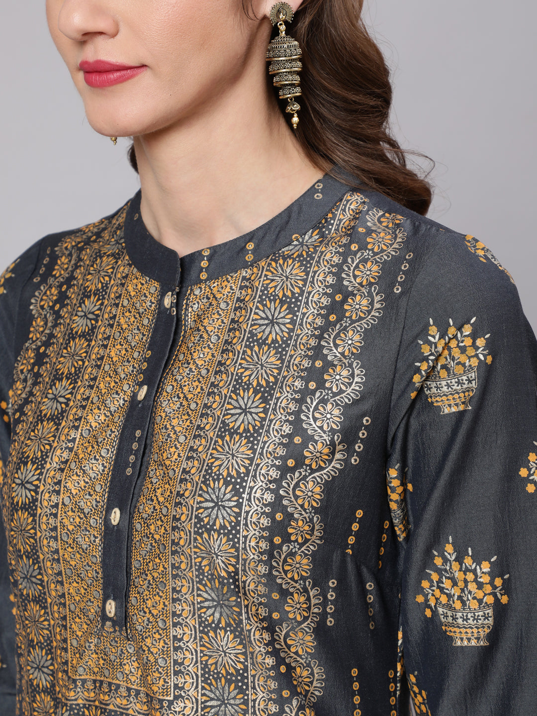 Grey & Mustard Placement Print Kurta With Palazzo