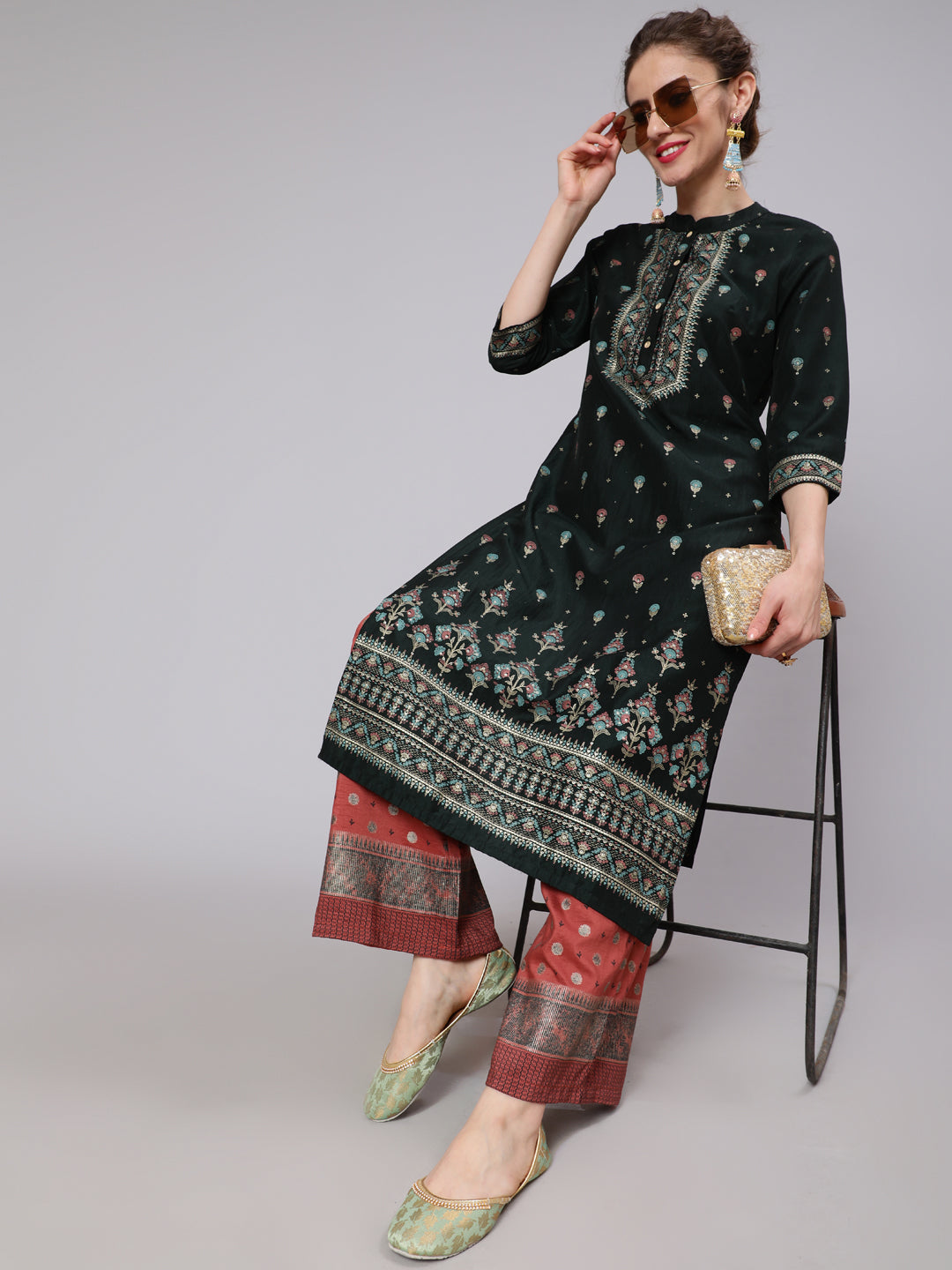 Dark Green & Rust Placement Print Kurta With Palazzo