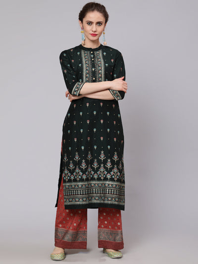 Dark Green & Rust Placement Print Kurta With Palazzo