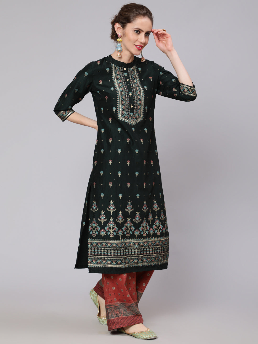 Dark Green & Rust Placement Print Kurta With Palazzo