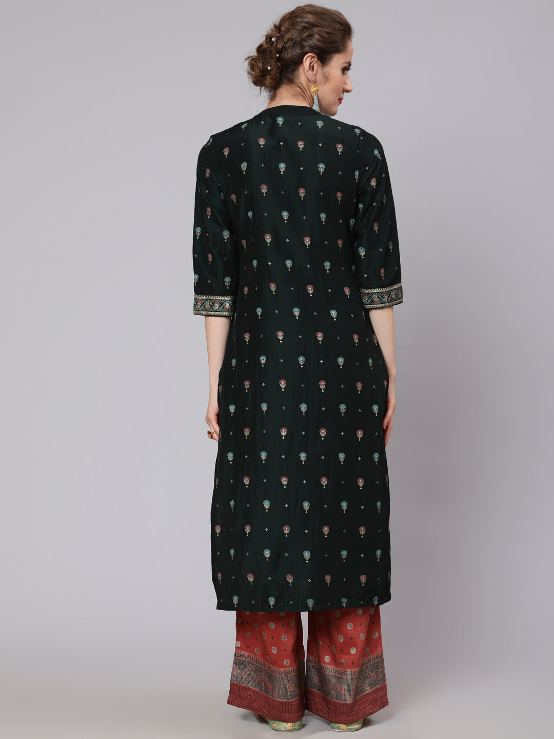 Dark Green & Rust Placement Print Kurta With Palazzo