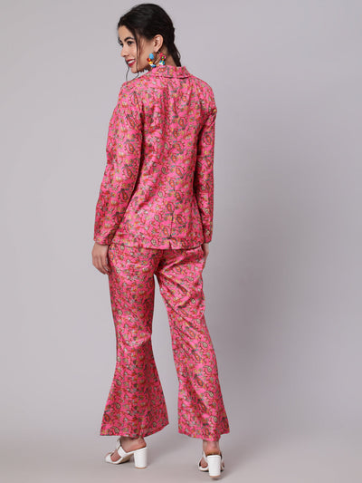 Pink Floral Print Top Pant With Blazer