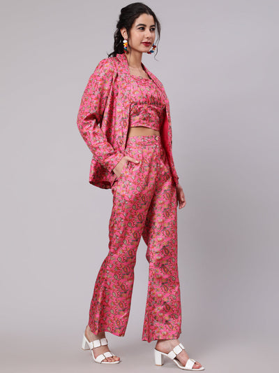 Pink Floral Print Top Pant With Blazer
